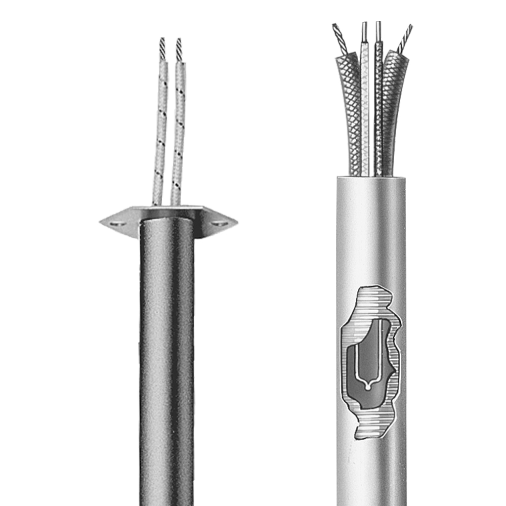 Close-up of cartridge heater with hexagon mounting flange and a close-up of cut-out of heater with sensors