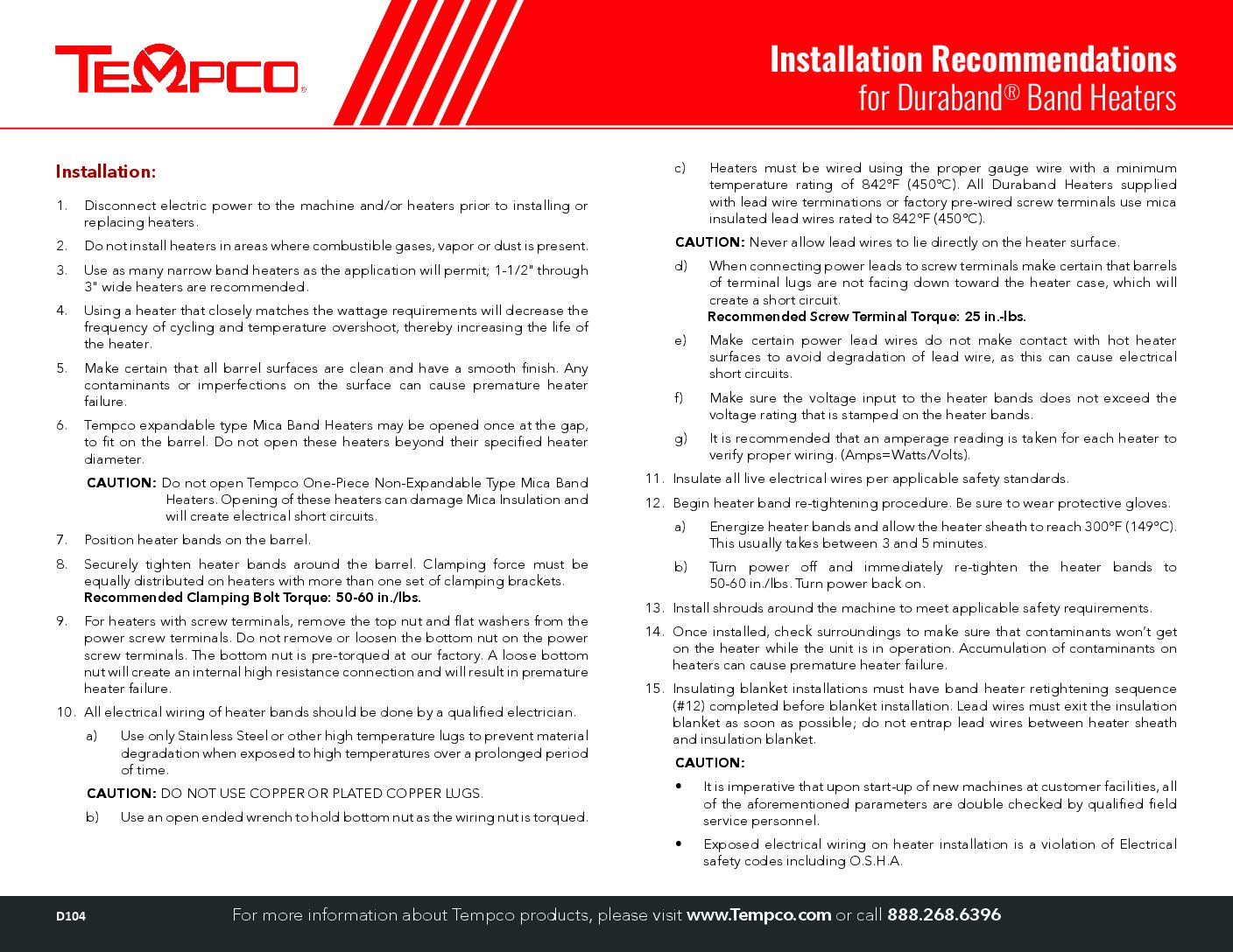 Duraband (Micaband) Heater Installation Recommendations