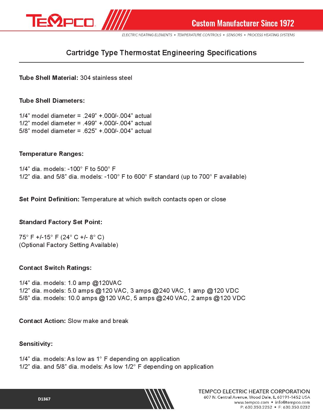 Cartridge Type Thermostat Engineering Specifications